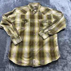 Rafter C Western Shirt Mens Large Olive Green Plaid Pearl Snap Cowboy Excellent